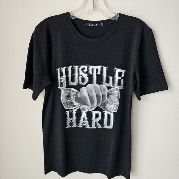 Black Slim Stretch T-Shirt - Hustle Hard Graphic - Picture 1 of 6